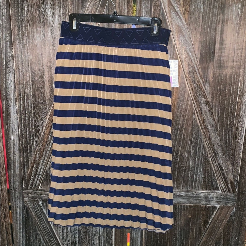 Lula Roe Navy and Tan Pleated Midi Pencil Skirt
